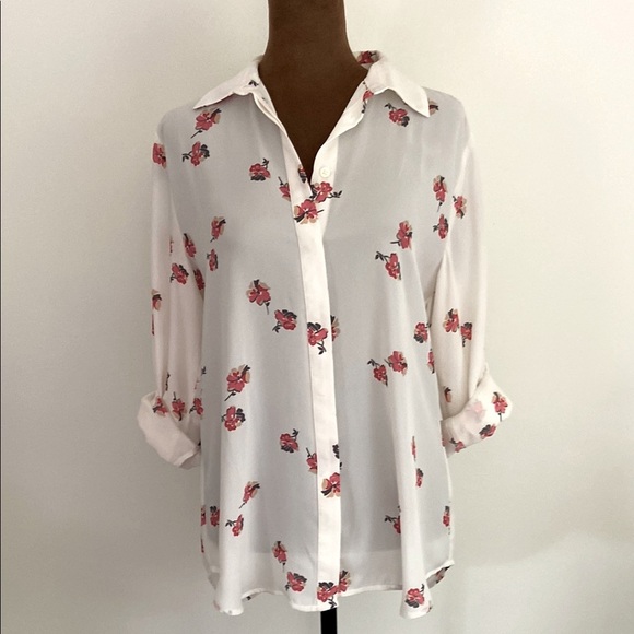 Loft White Floral Utility Button Down Blouse with Roll Tab Sleeves - Picture 2 of 7